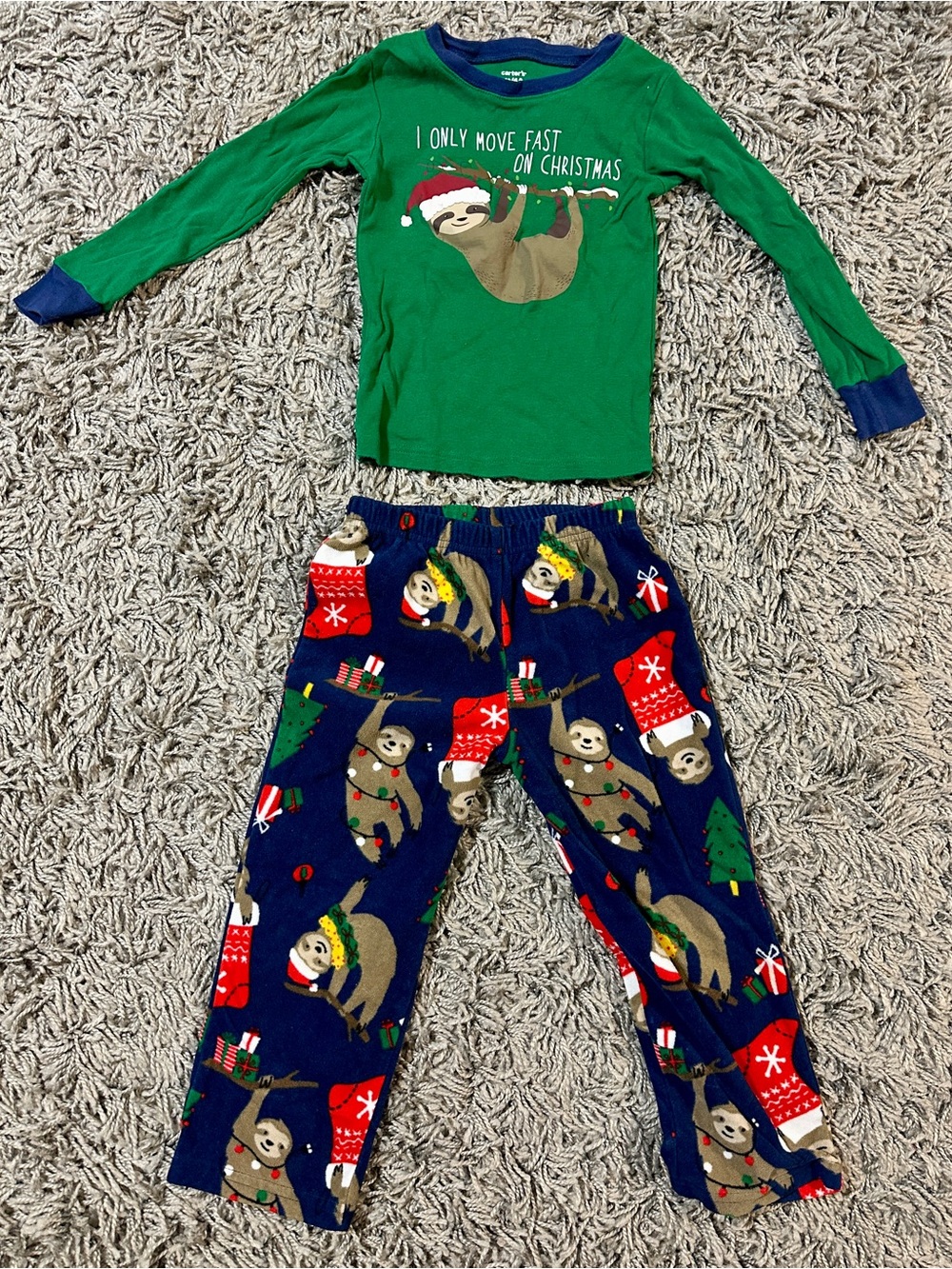 Carter's Green Sloth Christmas Pajama Set with Navy Holiday Pants
